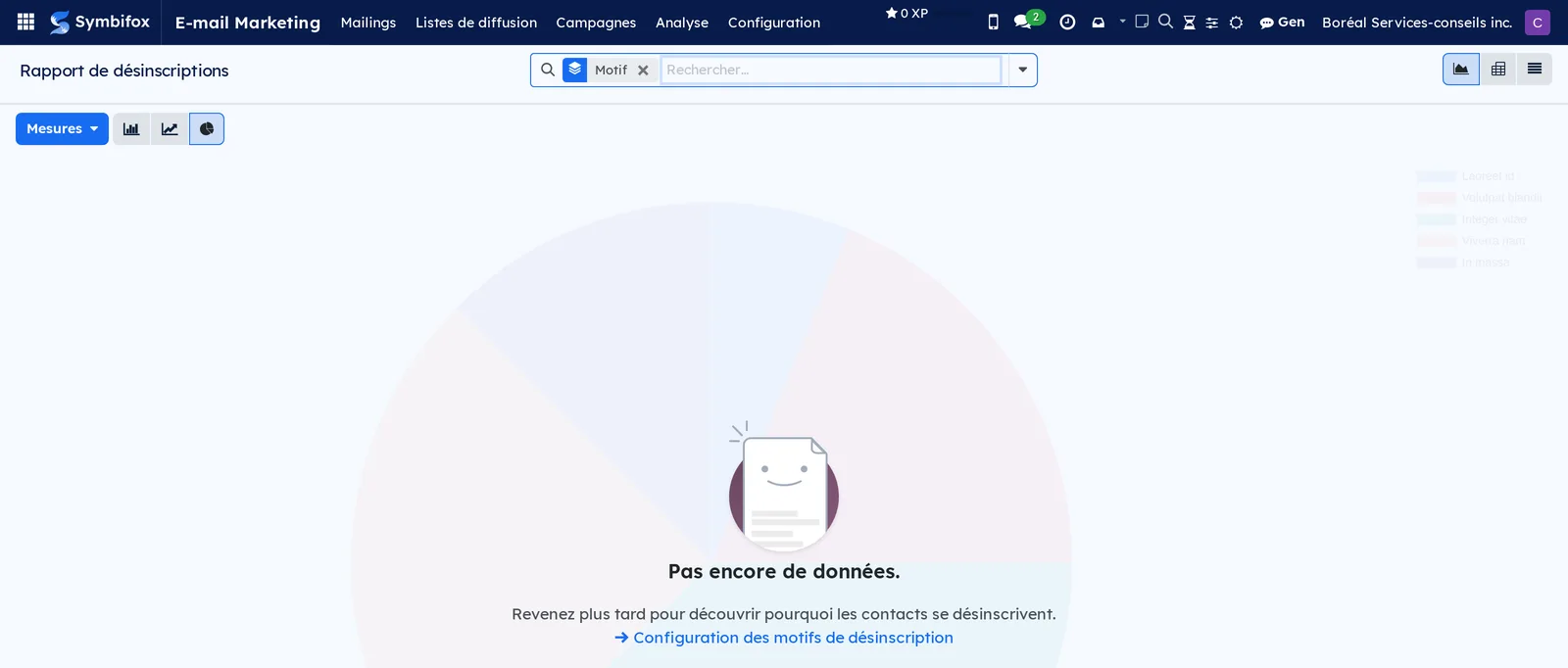 Rapport de désinscriptions en secteurs, groupé par motif, vide sur la démo avec le renvoi vers la configuration des motifs