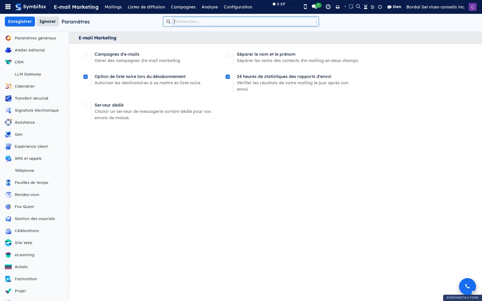 Écran Paramètres, section E-mail Marketing : campagnes, séparation du nom, liste noire au désabonnement, statistiques à 24 heures et serveur dédié