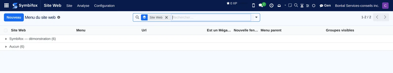 Liste des entrées de menu groupées par site : six pour le site de démonstration et six sans site attribué