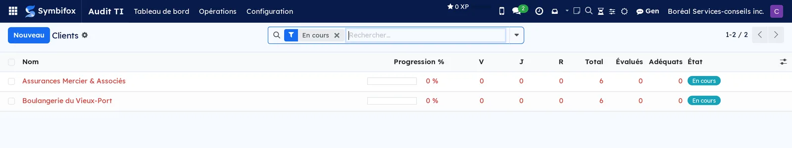 Liste des clients audités avec progression, compteurs de couleurs et état