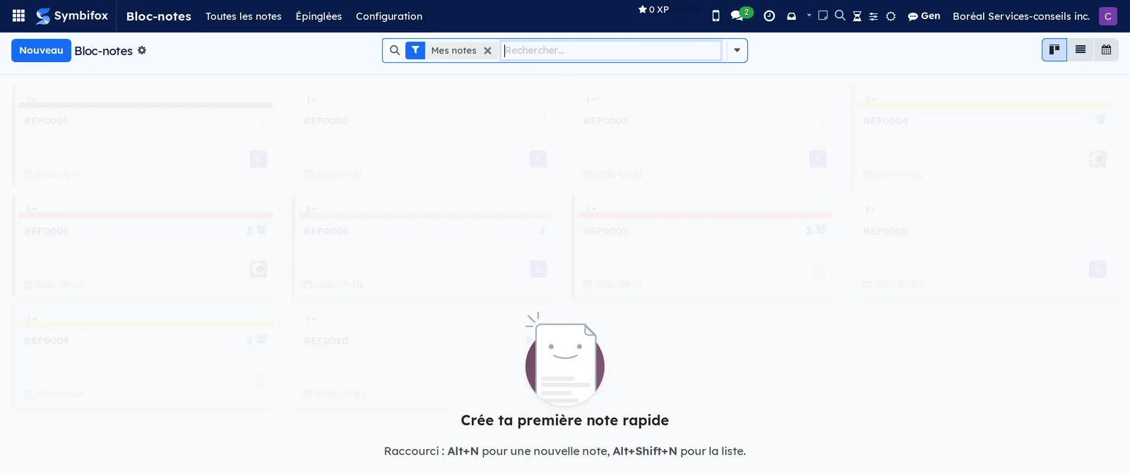 Écran Toutes les notes du Bloc-notes, vide pour Camille, avec le filtre Mes notes et l'aide qui rappelle les raccourcis Alt+N et Alt+Shift+N
