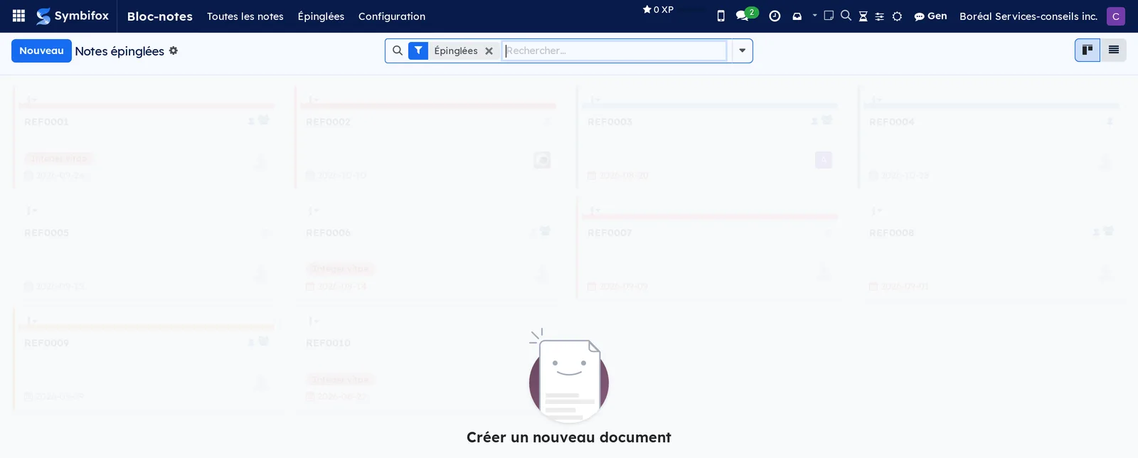 Écran Épinglées du Bloc-notes, vide pour Camille, avec le filtre Épinglées et le sélecteur de vues kanban et liste