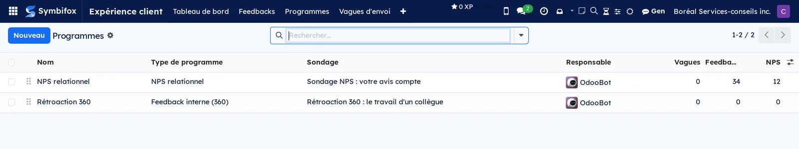 Liste des programmes de mesure de Boréal, avec le type, le sondage, le nombre de vagues et de feedbacks et le NPS