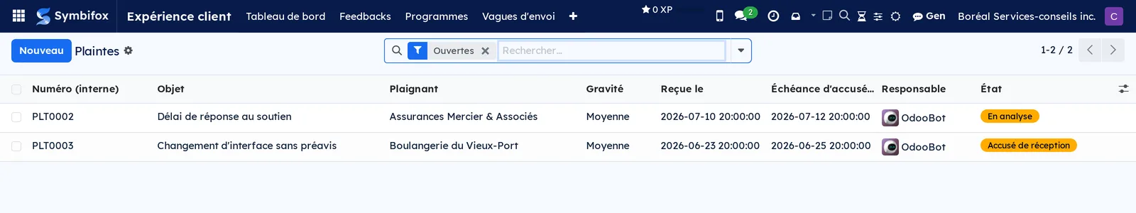 Liste des plaintes de Boréal, avec l'objet, le plaignant, la gravité, l'échéance d'accusé de réception et l'état