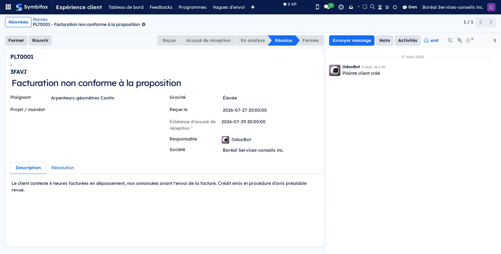 Formulaire d'une plainte de Boréal, avec l'objet, le plaignant, la gravité, l'échéance d'accusé de réception et les onglets Description et Résolution