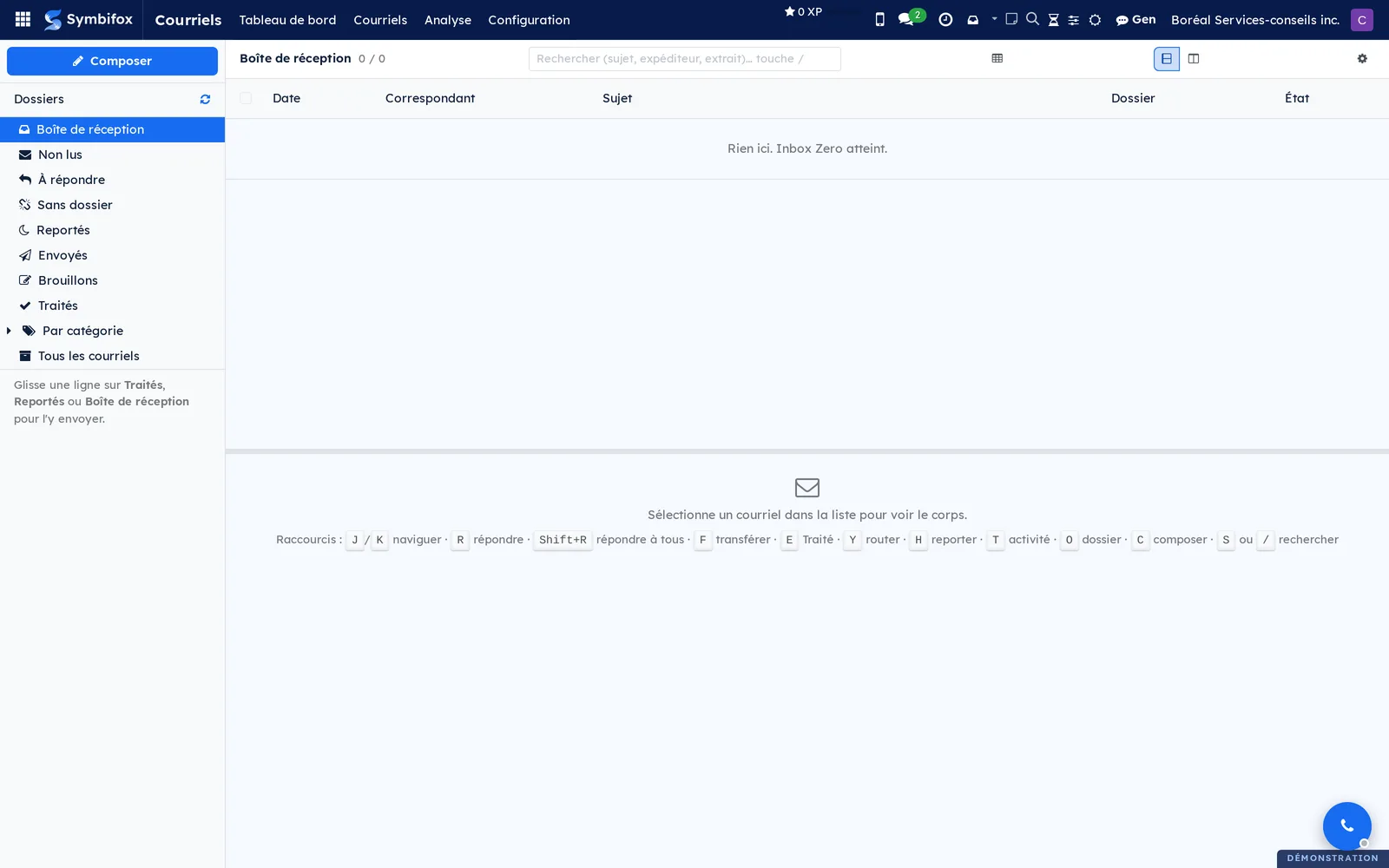 Boîte de réception de Courriels : colonne des dossiers à gauche, liste vide au centre, volet de lecture et rappel des raccourcis clavier