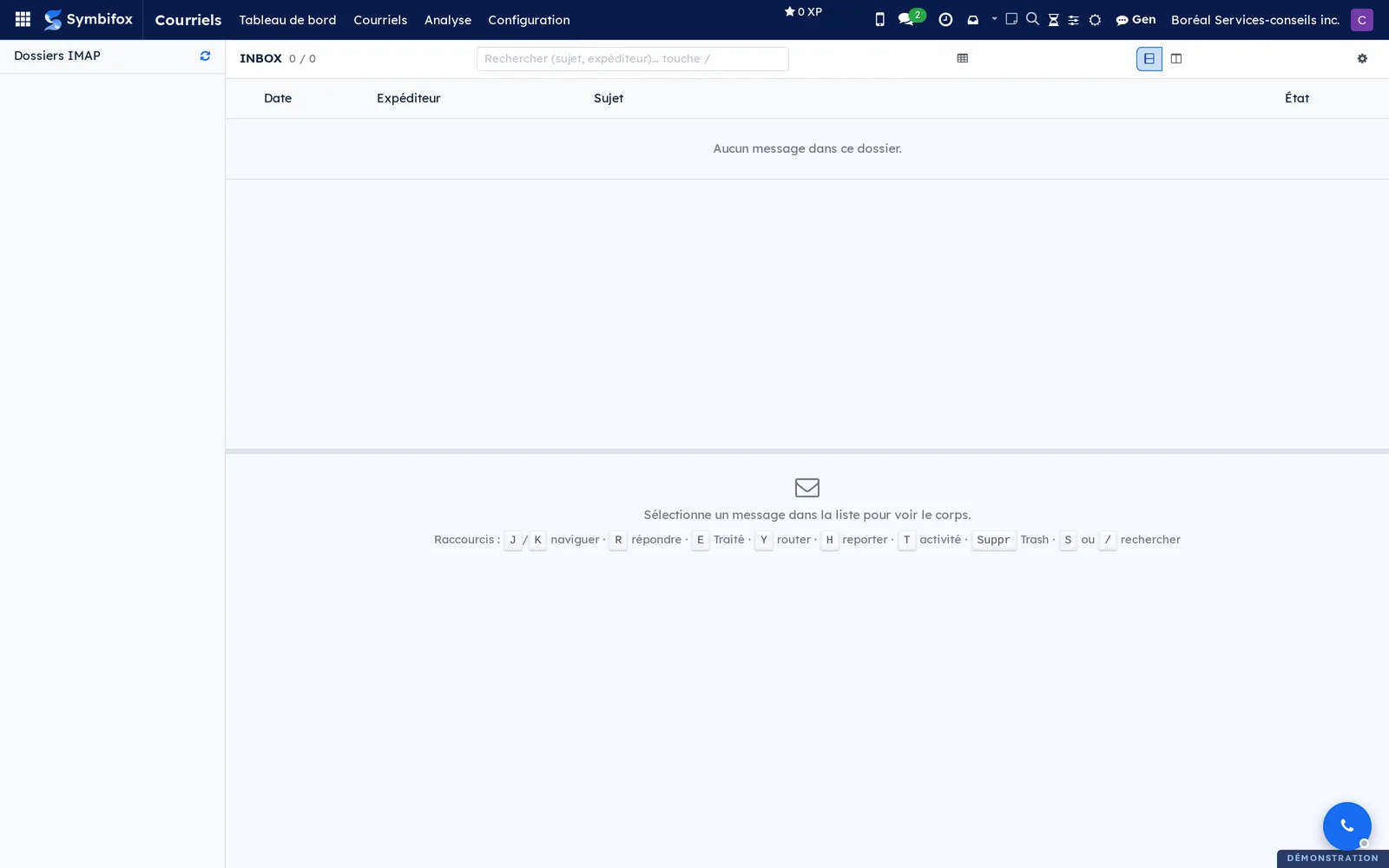 Navigateur IMAP : colonne des dossiers du serveur, liste des messages du dossier ouvert et volet d'aperçu