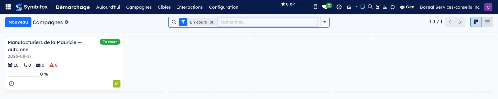 Kanban des campagnes : la carte de la campagne en cours avec ses compteurs de cibles, d'appels, de courriels et de retards