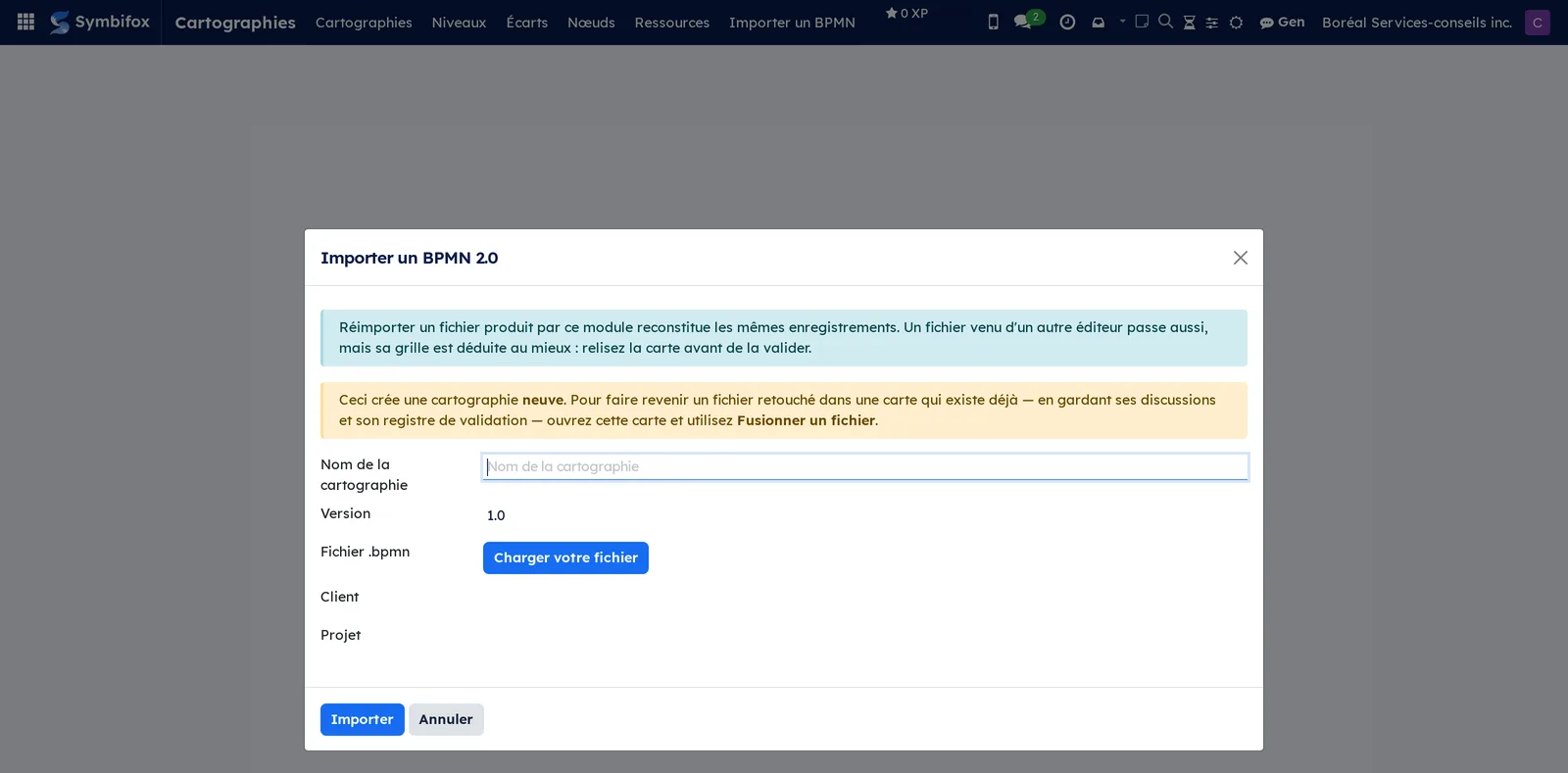 Assistant d'importation d'un fichier BPMN 2.0, avec le nom, la version, le fichier et le client