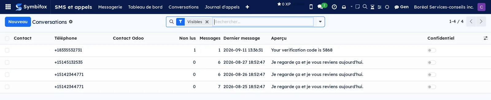 Liste des quatre conversations de Boréal avec les colonnes Contact, Téléphone, Non lus, Messages, Dernier message, Aperçu et Confidentiel