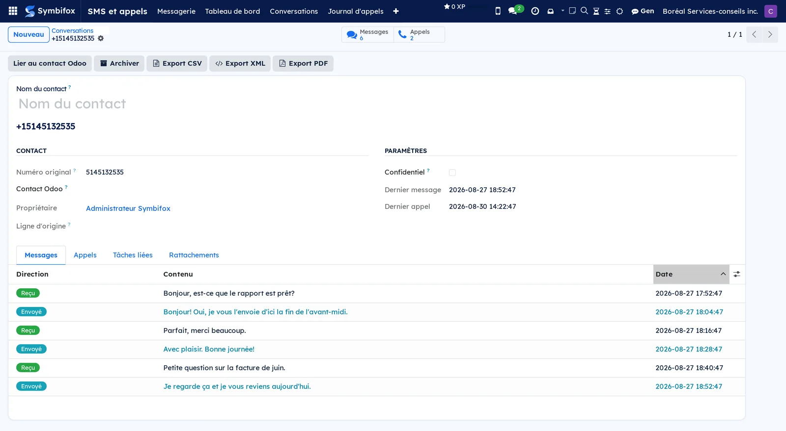 Fiche de conversation de Boréal, six messages reçus et envoyés, boutons Lier au contact Odoo, Archiver et exports, onglets Messages, Appels, Tâches liées