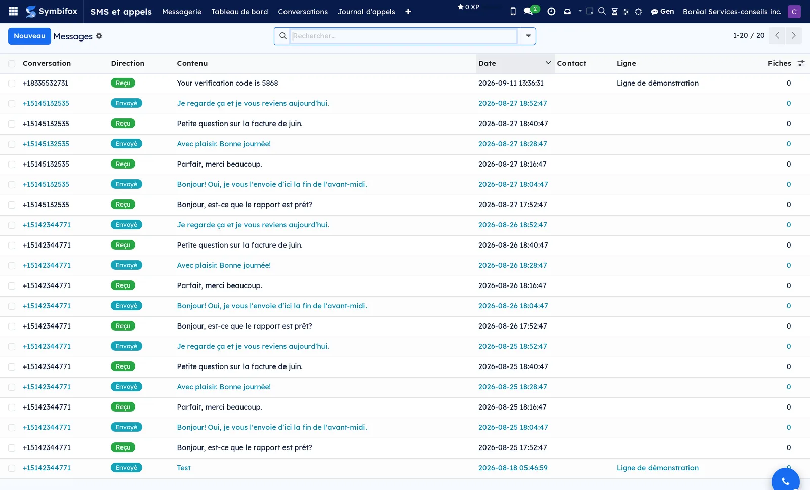 Liste des vingt messages de Boréal avec la conversation, la direction, le contenu, la date, la ligne et le nombre de fiches visées