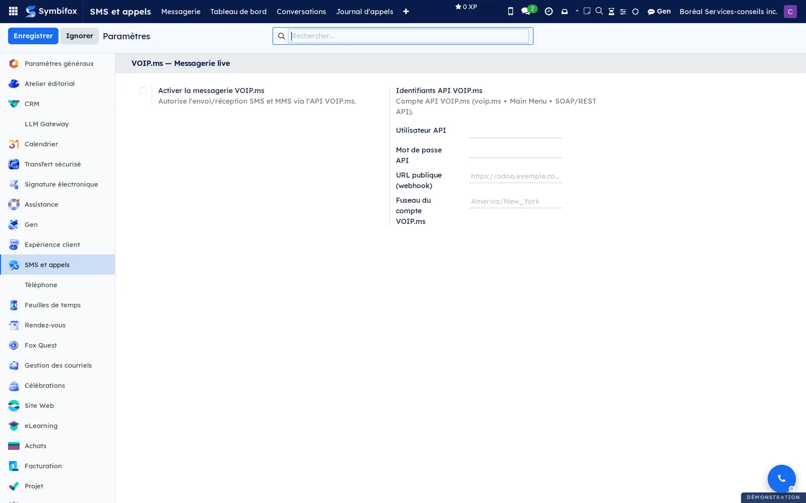 Page Paramètres de Boréal, section VOIP.ms, avec la case d'activation de la messagerie et les identifiants du compte de service