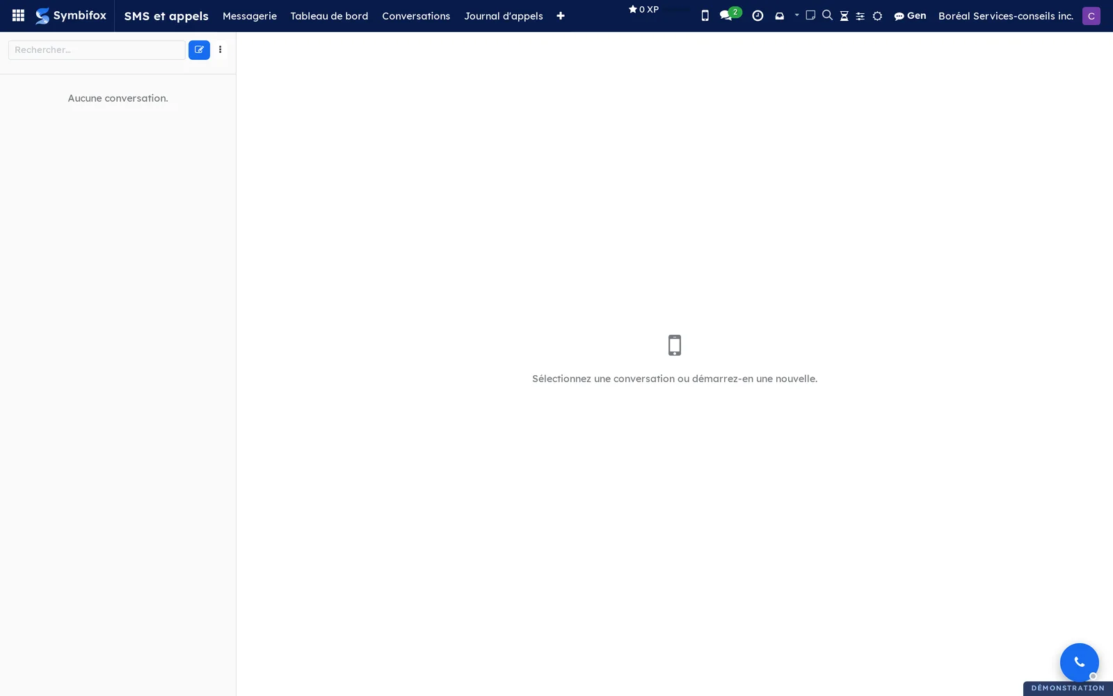 Messagerie de Boréal, colonne des conversations à gauche et invitation à sélectionner ou démarrer une conversation à droite