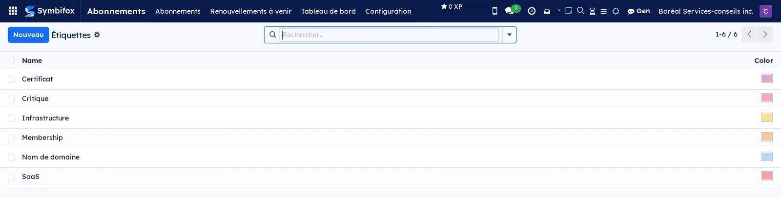 Liste des six étiquettes d'abonnement de Boréal, chacune avec sa couleur