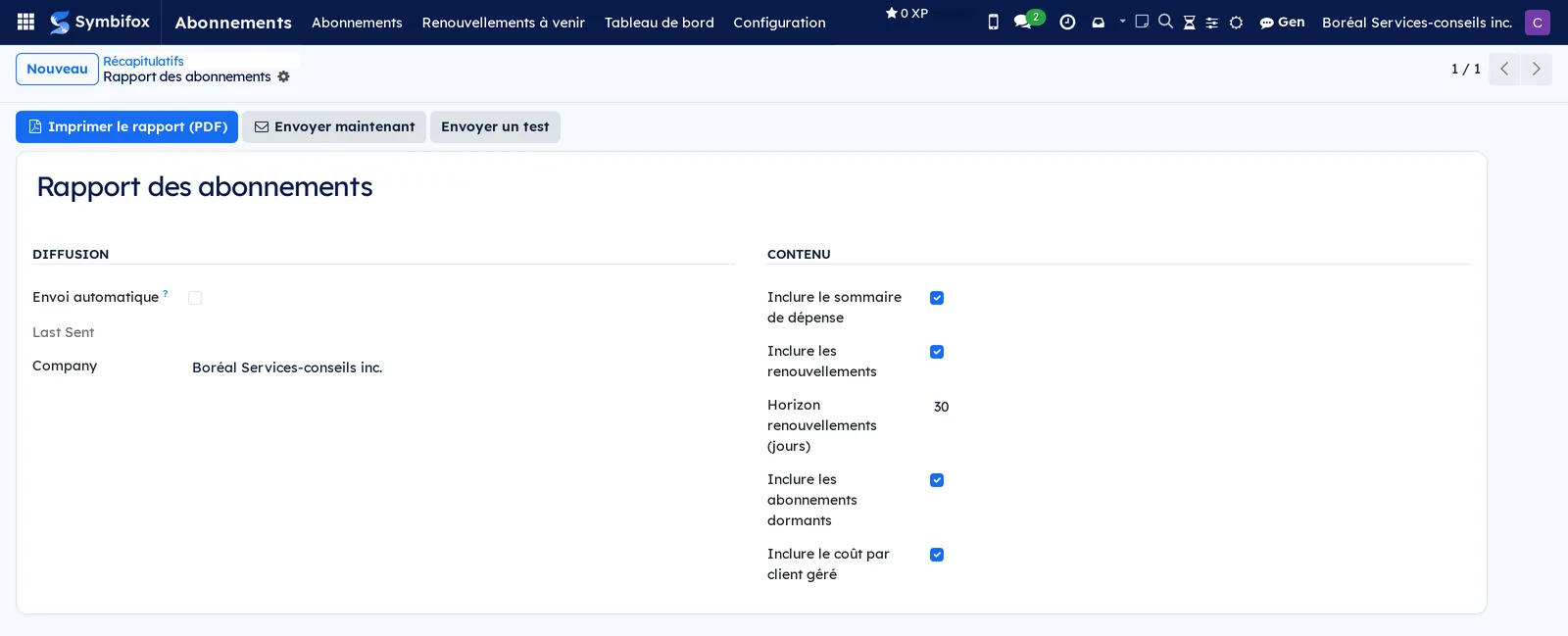 Configuration du rapport des abonnements de Boréal, avec l'envoi automatique décoché et les quatre sections à inclure