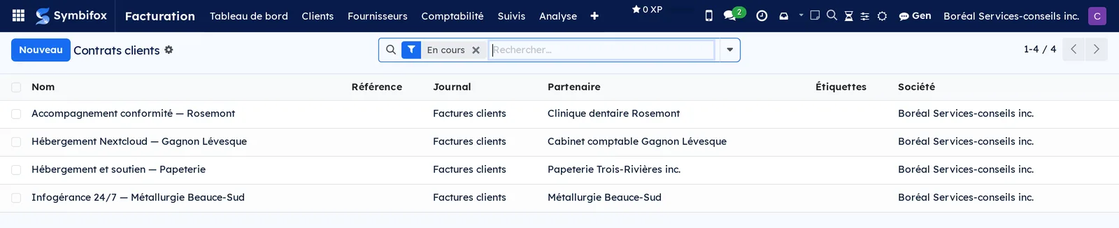 Liste des contrats clients de la démo Boréal, avec le nom du contrat, le journal et le partenaire