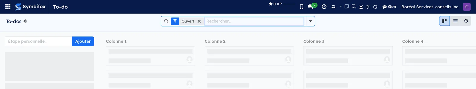 Écran To-do de la démo, en kanban vide pour Camille, avec le volet Étape personnelle, le bouton Ajouter et le filtre Ouvert