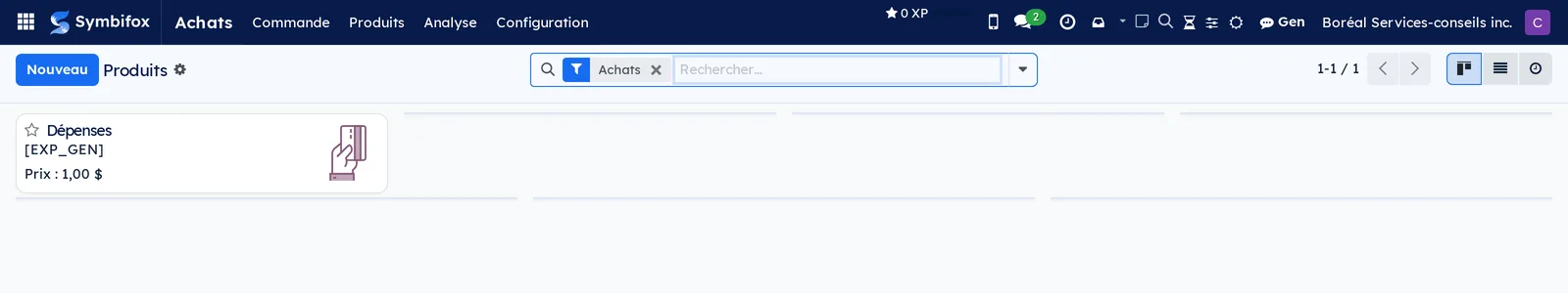 Écran Produits d'Achats sur la démo Boréal, en vue cartes, filtré sur les articles achetables