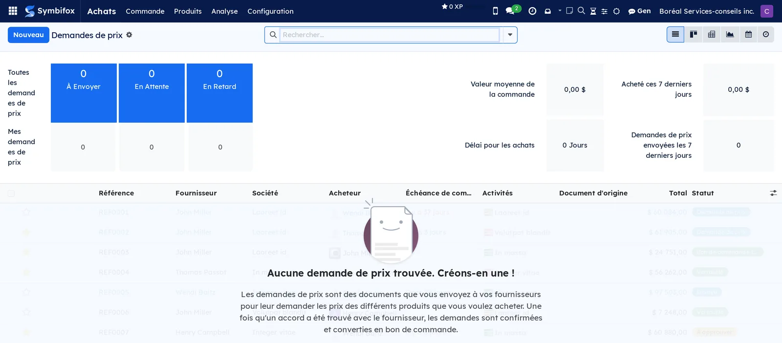 Écran Demandes de prix sur la démo Boréal, avec les tuiles À Envoyer, En Attente et En Retard et les indicateurs de délai