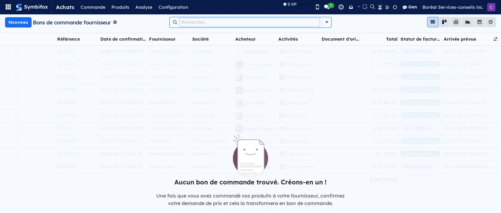 Liste des bons de commande fournisseur sur la démo Boréal, avec la référence, le fournisseur, le total, le statut de facturation et l'arrivée prévue