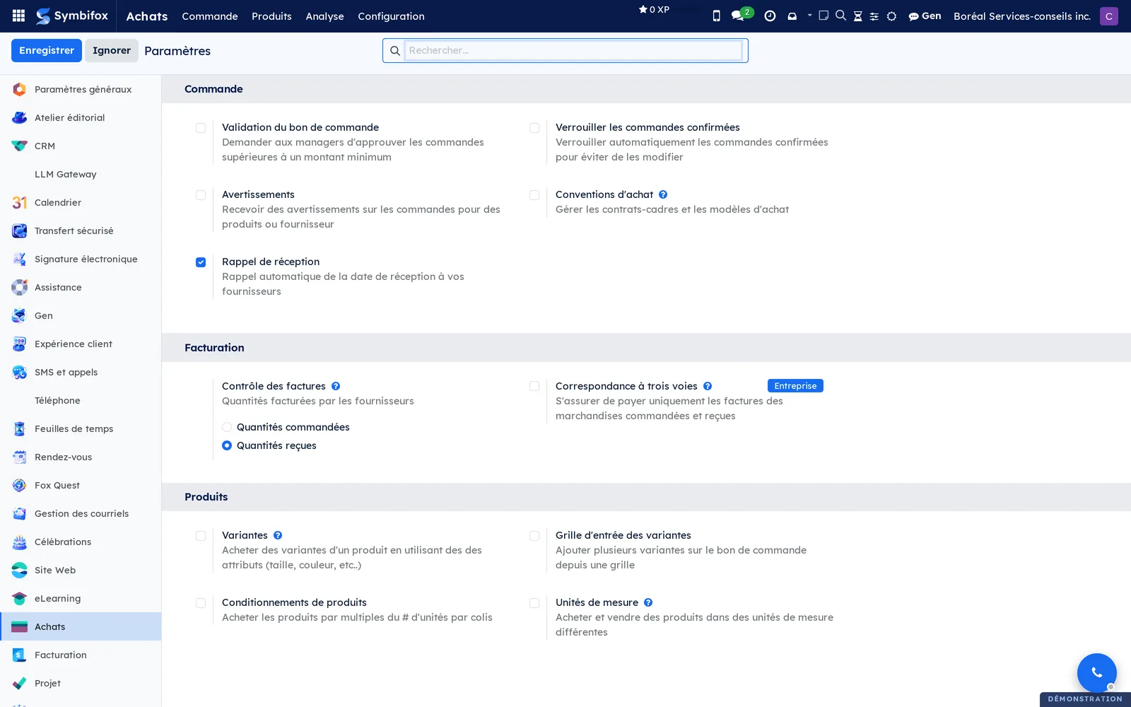 Paramètres d'Achats sur la démo Boréal, avec les sections Commande, Facturation et Produits