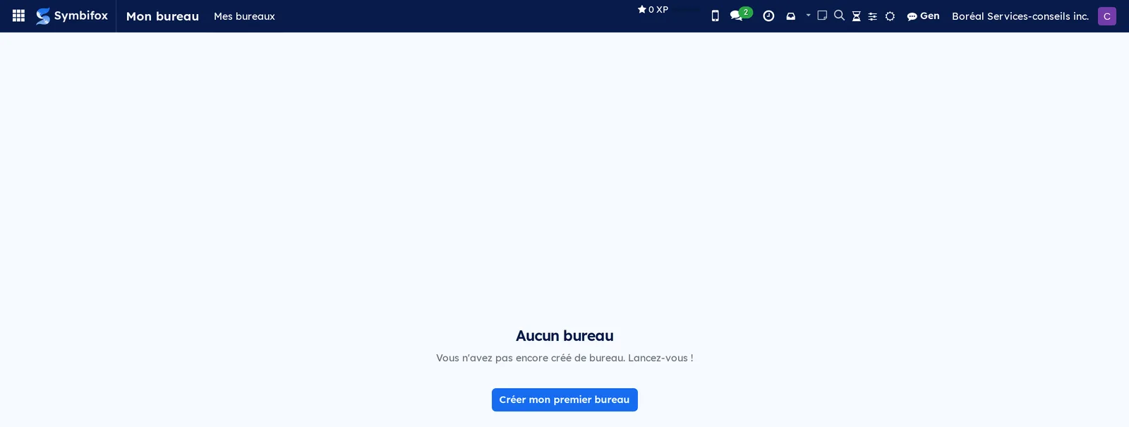 Écran Mon bureau de la démo sans bureau au nom de Camille : message Aucun bureau et bouton Créer mon premier bureau