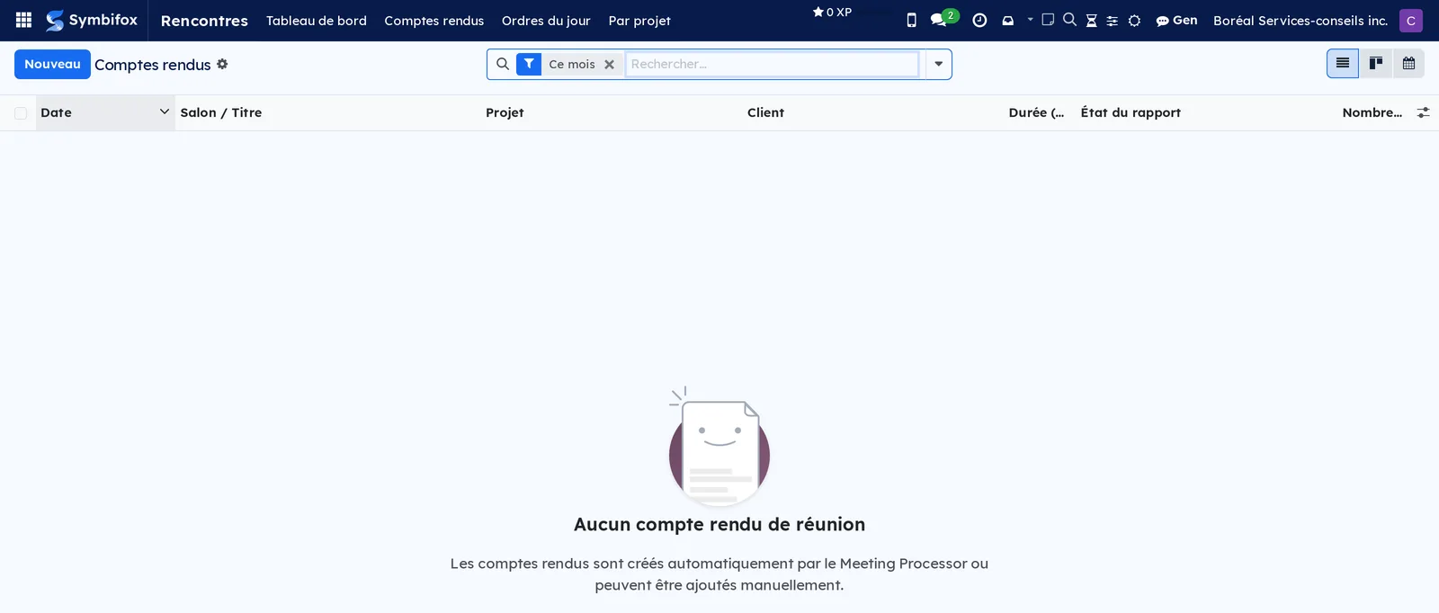 Écran des comptes rendus, vidé par le filtre Ce mois, avec son message d'aide au centre