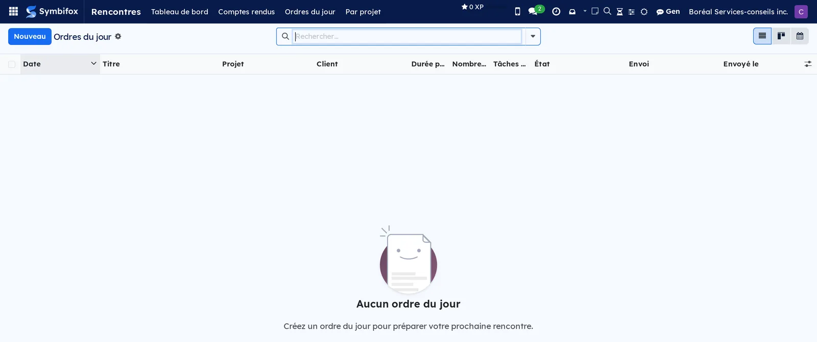 Écran des ordres du jour, vide sur la démo, avec ses colonnes d'état et d'envoi