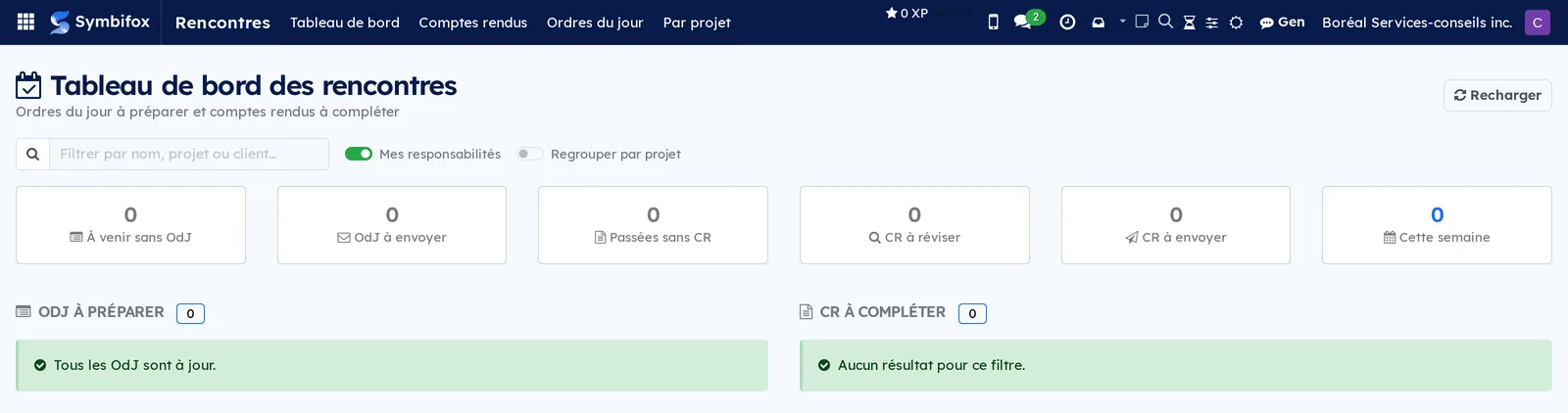 Tableau de bord des rencontres, avec ses six compteurs, ses deux colonnes de travail et les interrupteurs Mes responsabilités et Regrouper par projet