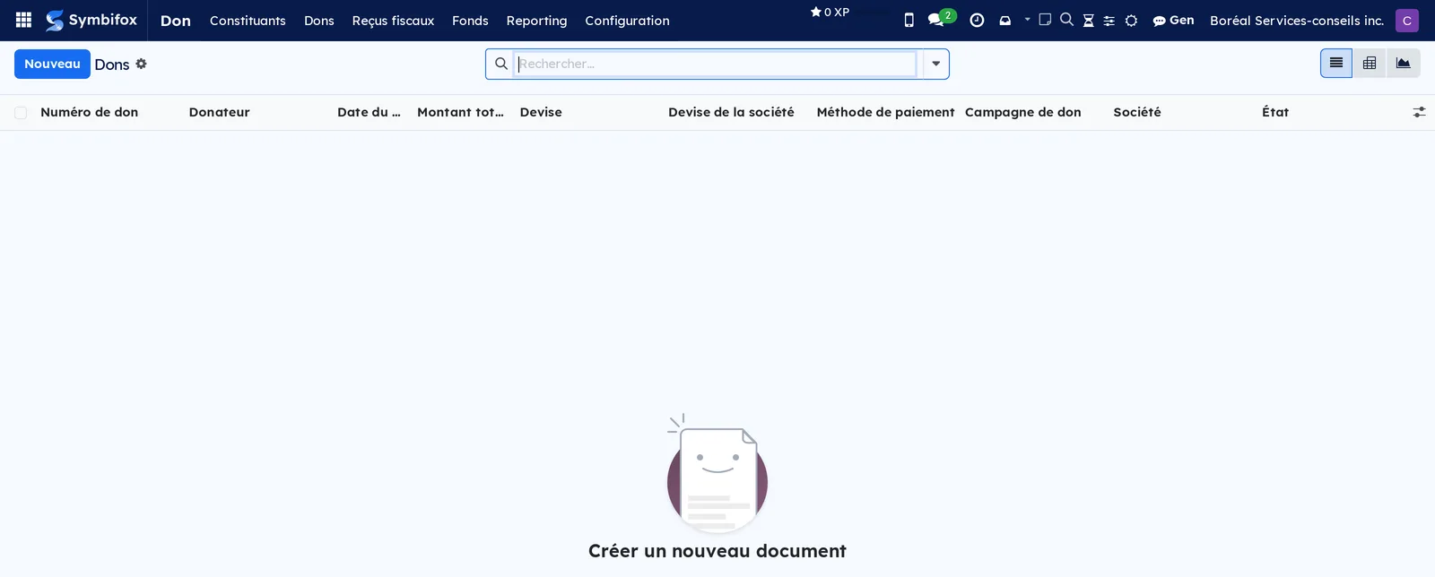 Liste des dons sur la démo Boréal, avec ses colonnes et son écran vide
