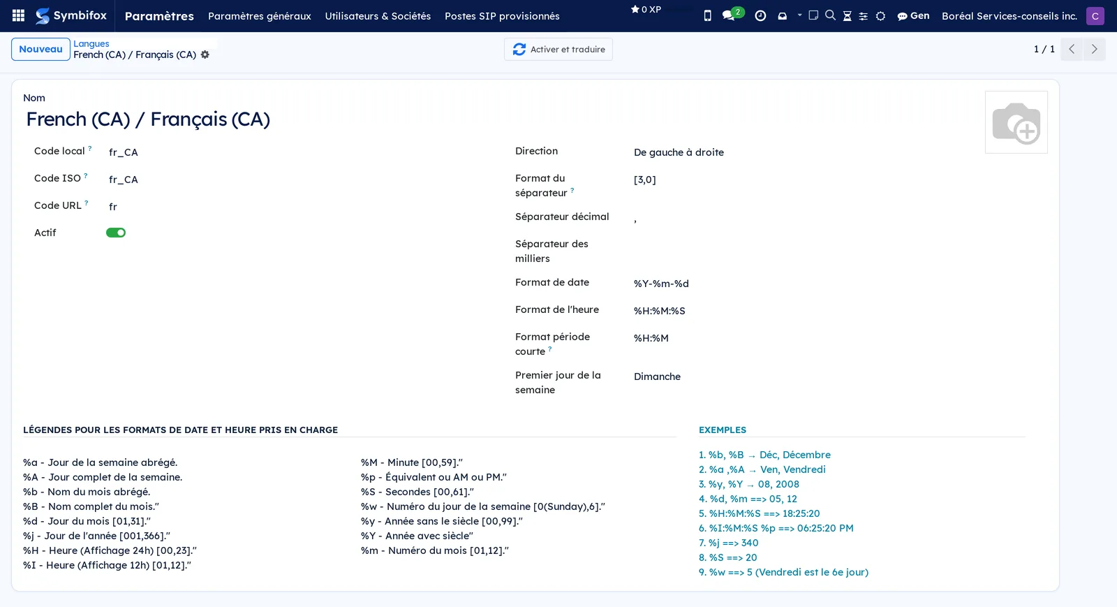 Fiche de la langue French (CA) / Français (CA) avec les codes, les formats de date et d'heure et le bouton Activer et traduire