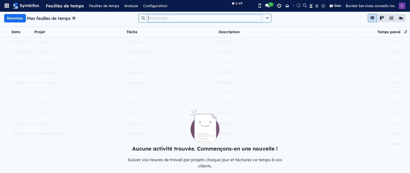 Écran Mes feuilles de temps sans aucune ligne, avec le texte d'aide invitant à suivre ses heures par projet