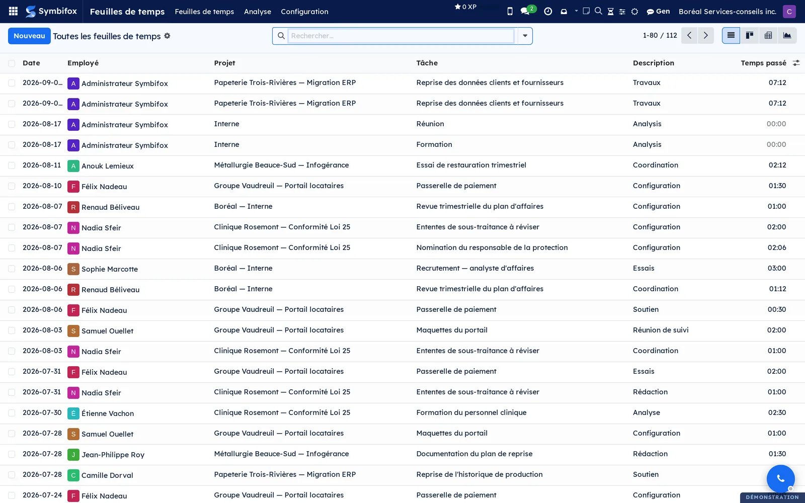 Liste de toutes les feuilles de temps de Boréal, colonnes Date, Employé, Projet, Tâche, Description et Temps passé