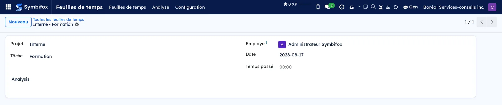 Formulaire d'une ligne de feuille de temps avec Projet, Tâche, description, Employé, Date et Temps passé