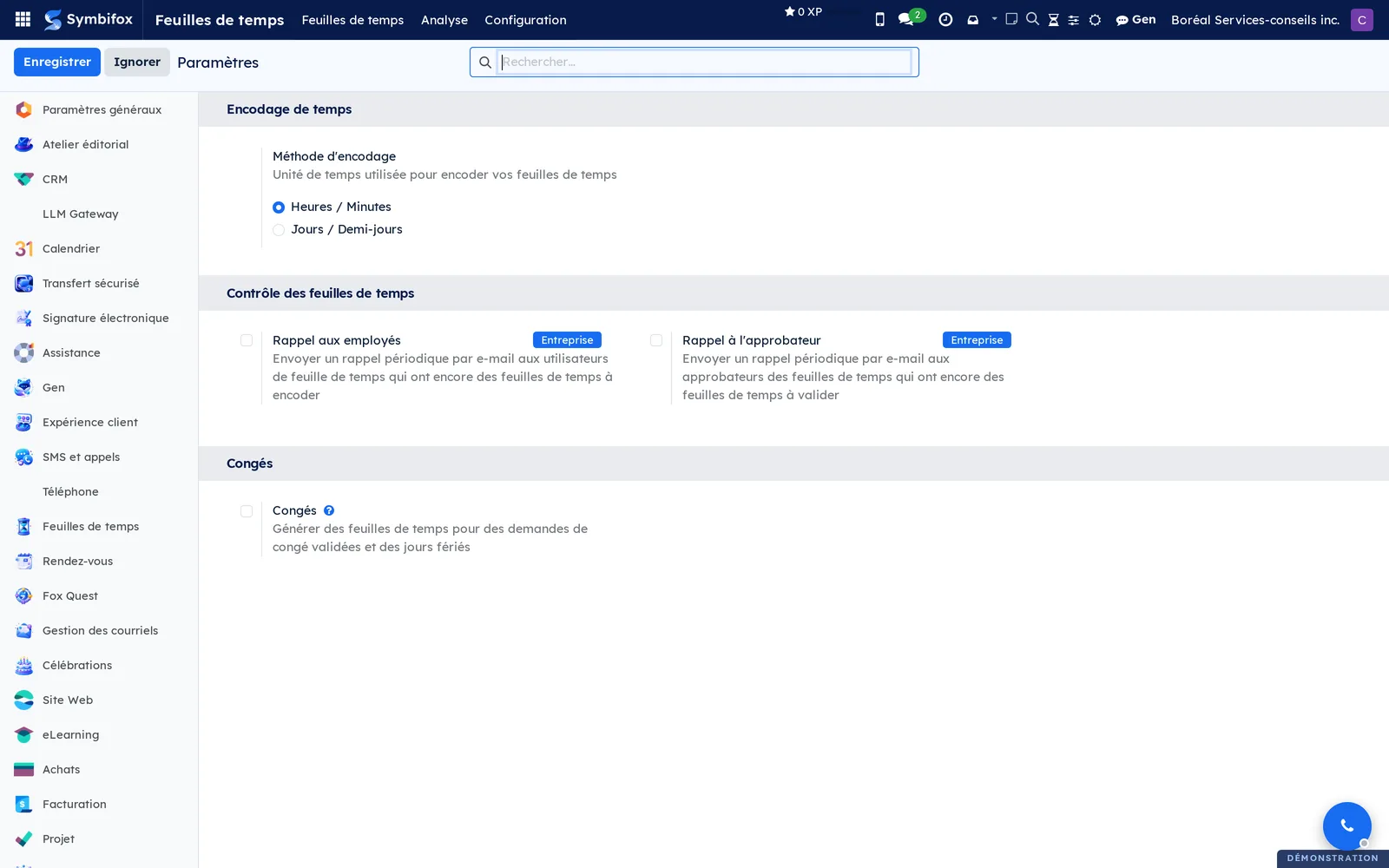 Page des paramètres, section Feuilles de temps, avec la méthode d'encodage et les options de contrôle