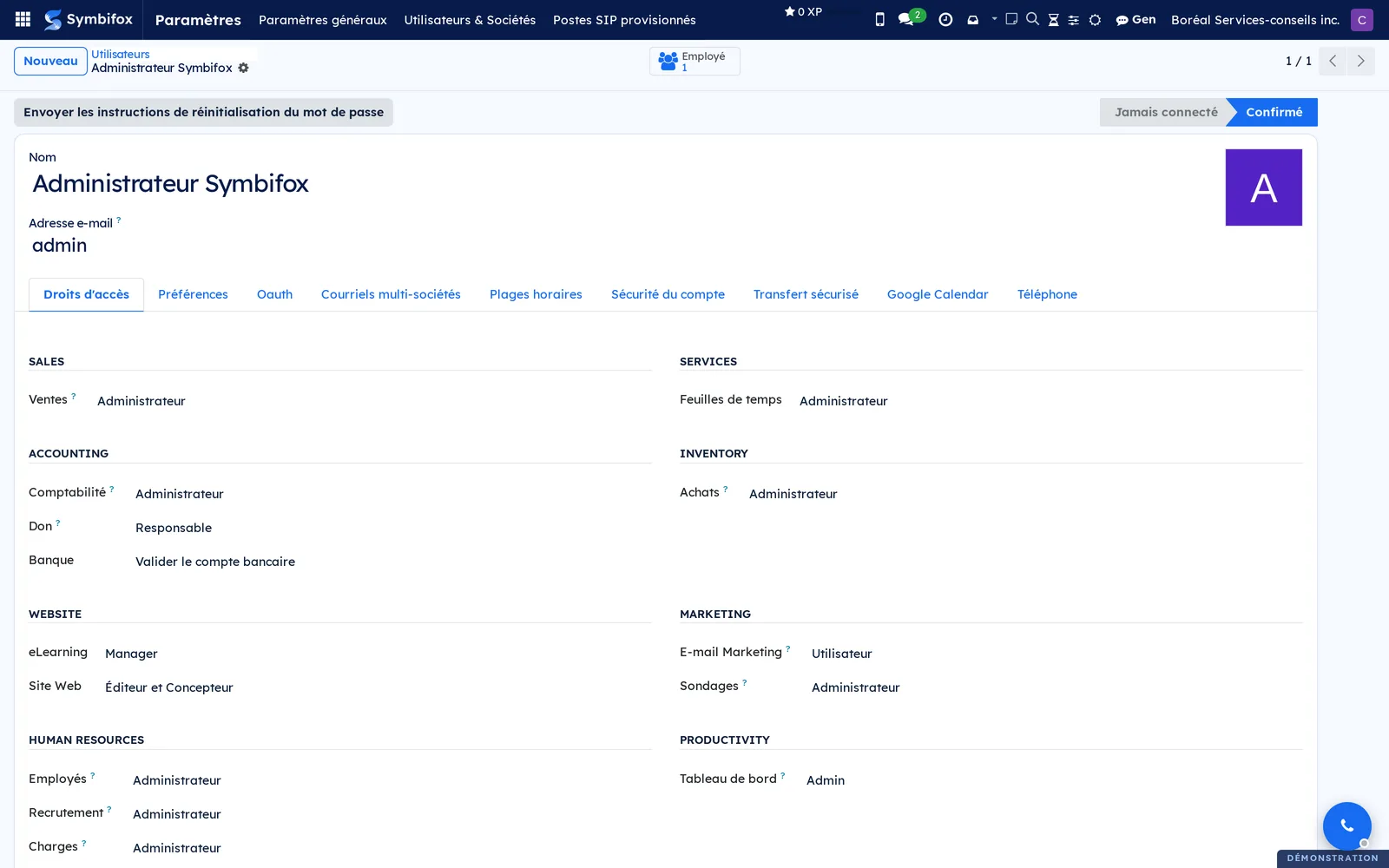 Fiche d'un utilisateur, onglet Droits d'accès, avec un niveau choisi par application et le bouton d'envoi des instructions de réinitialisation