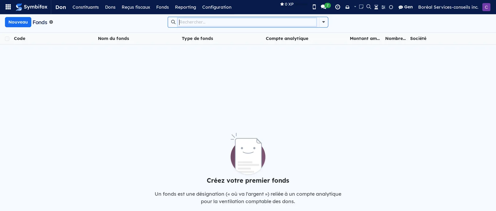 Écran vide des fonds sur la démo Boréal, avec le texte d'aide qui définit un fonds