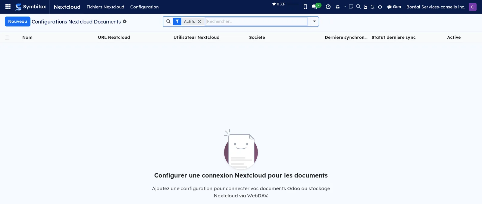 Écran de configuration Nextcloud sur la démonstration, vide, avec son invitation à créer une connexion