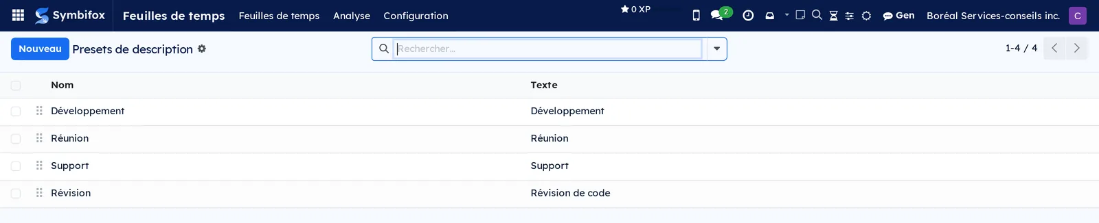 Liste des quatre descriptions préréglées avec leur nom et leur texte