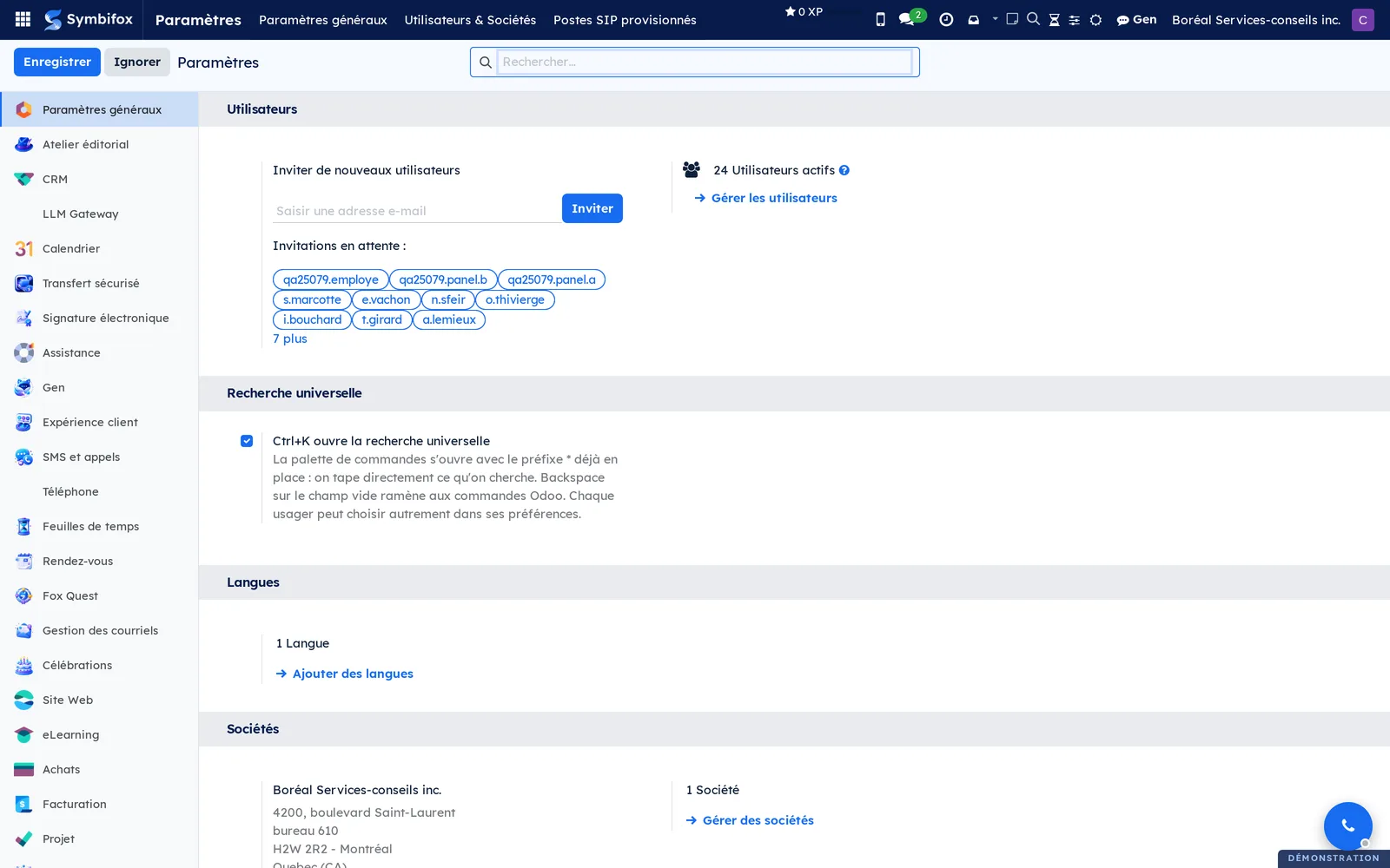 Page Paramètres généraux avec la colonne des applications à gauche et les sections Utilisateurs, Recherche universelle, Langues et Sociétés