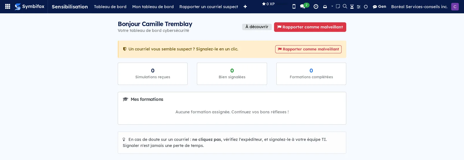 Écran Ma cybersécurité de Camille Tremblay : ses tests d'hameçonnage reçus, ses réactions et ses cours assignés