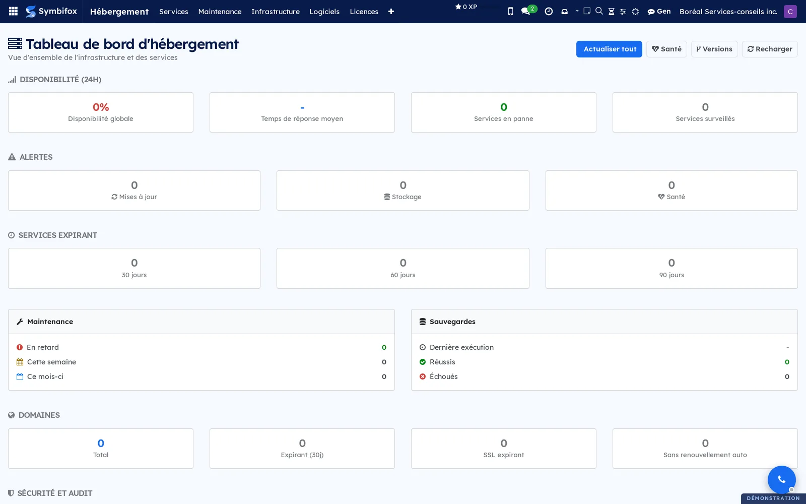 Tableau de bord d'hébergement avec les compteurs de disponibilité, d'alertes, de services expirant, de maintenance et de sauvegardes