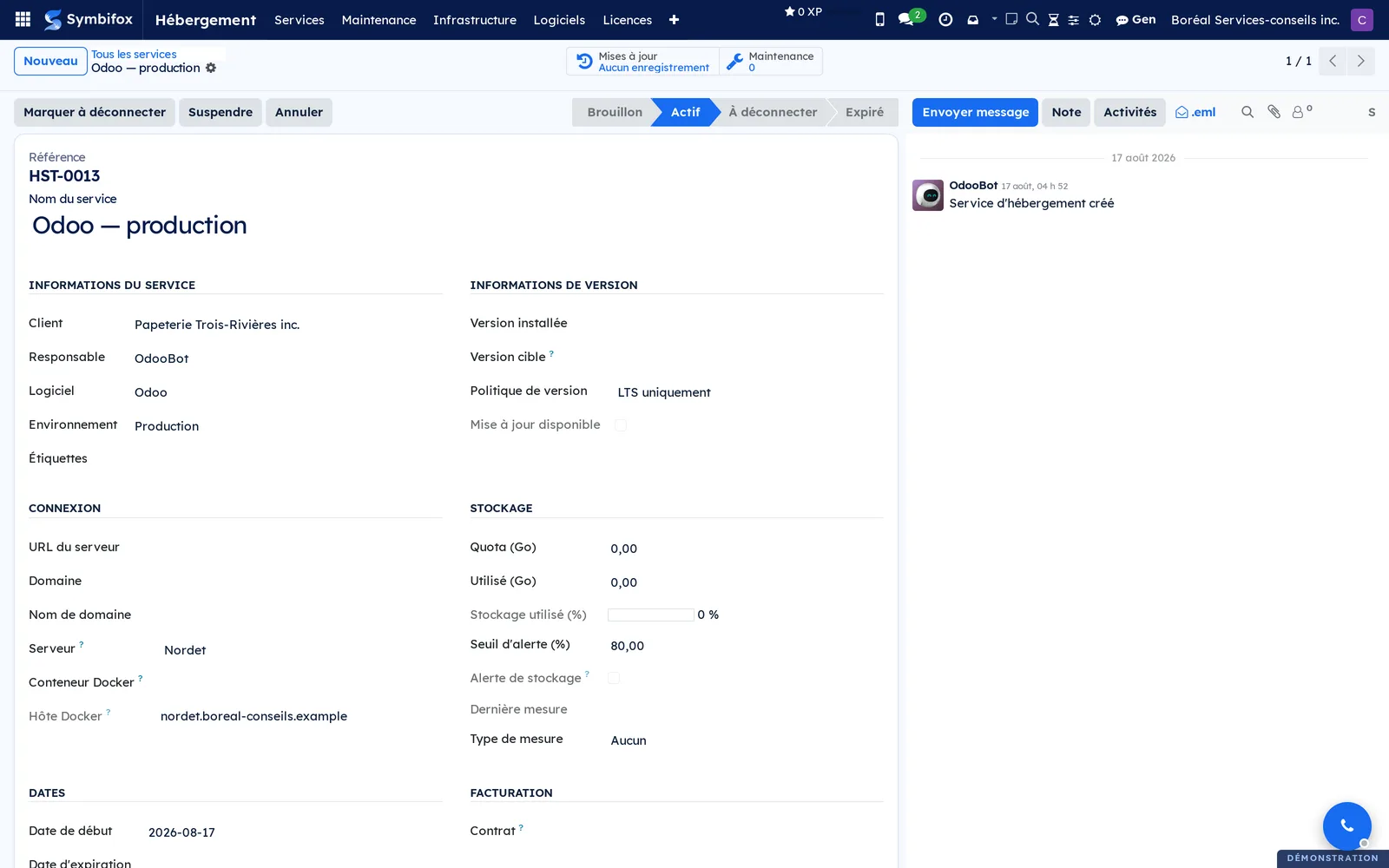 Fiche du service Odoo de production de Papeterie Trois-Rivières, avec le bandeau d'états et les sections Informations, Version, Connexion et Stockage