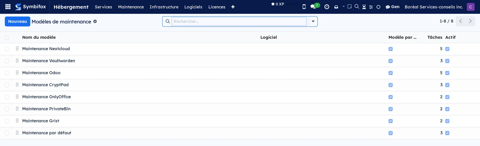 Liste des modèles de maintenance avec le nombre de tâches de chacun