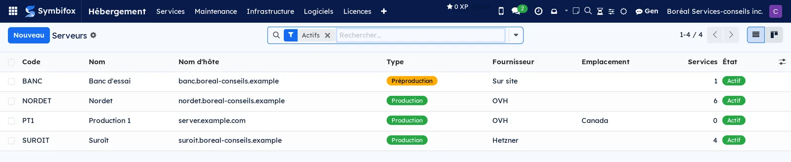 Liste des quatre serveurs de la démo avec leur code, leur nom d'hôte, leur type, leur fournisseur et leur nombre de services