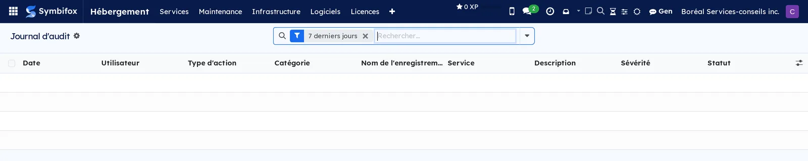 Journal d'audit de l'hébergement, ouvert sur le filtre des sept derniers jours