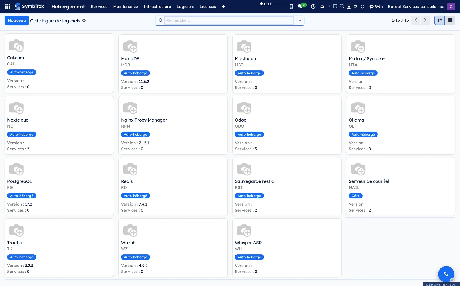 Catalogue de logiciels en cartes, avec le code court, le type et le nombre de services de chaque logiciel