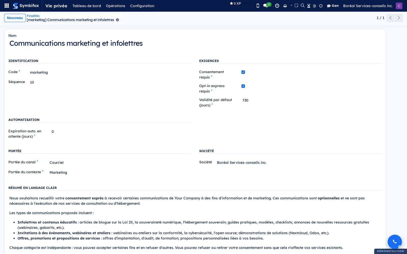 Formulaire de la finalité marketing : code, consentement requis, opt-in express, validité de 730 jours, portée et résumé en langage clair