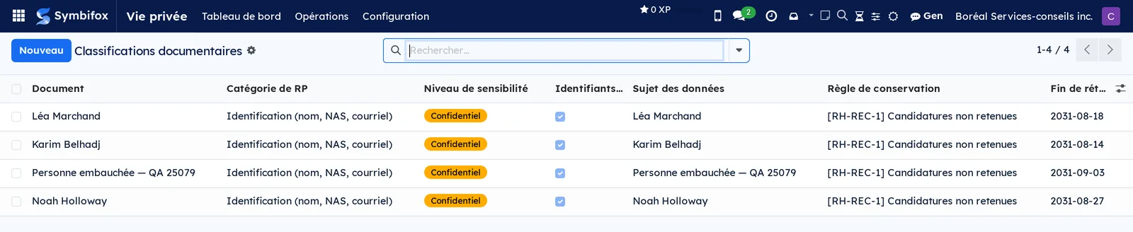 Liste des classifications documentaires, avec le document, la catégorie de RP, le niveau de sensibilité et la fin de rétention